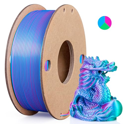 3Dgenius Silk Triple Color PLA Filament 1.75mm, 3-in-1 Coextruded Shiny Multicolor 3D Printer Filament, 250g(0.55lbs) Spool, Silk Rose Red/Sky Blue/Green, Clog-Free & Bubble-Free for FDM 3D Printers